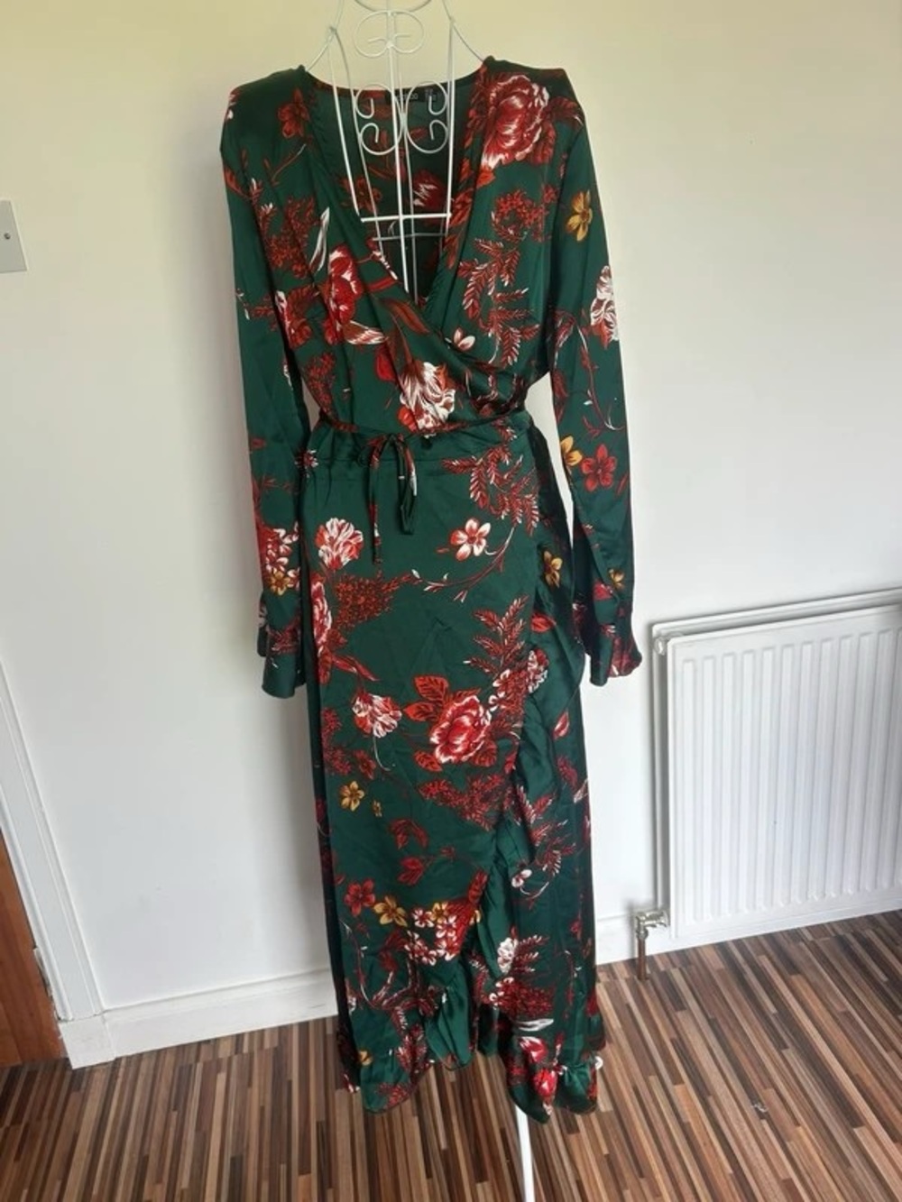 Emerald Floral Wrap Maxi Dress with Tie Waist